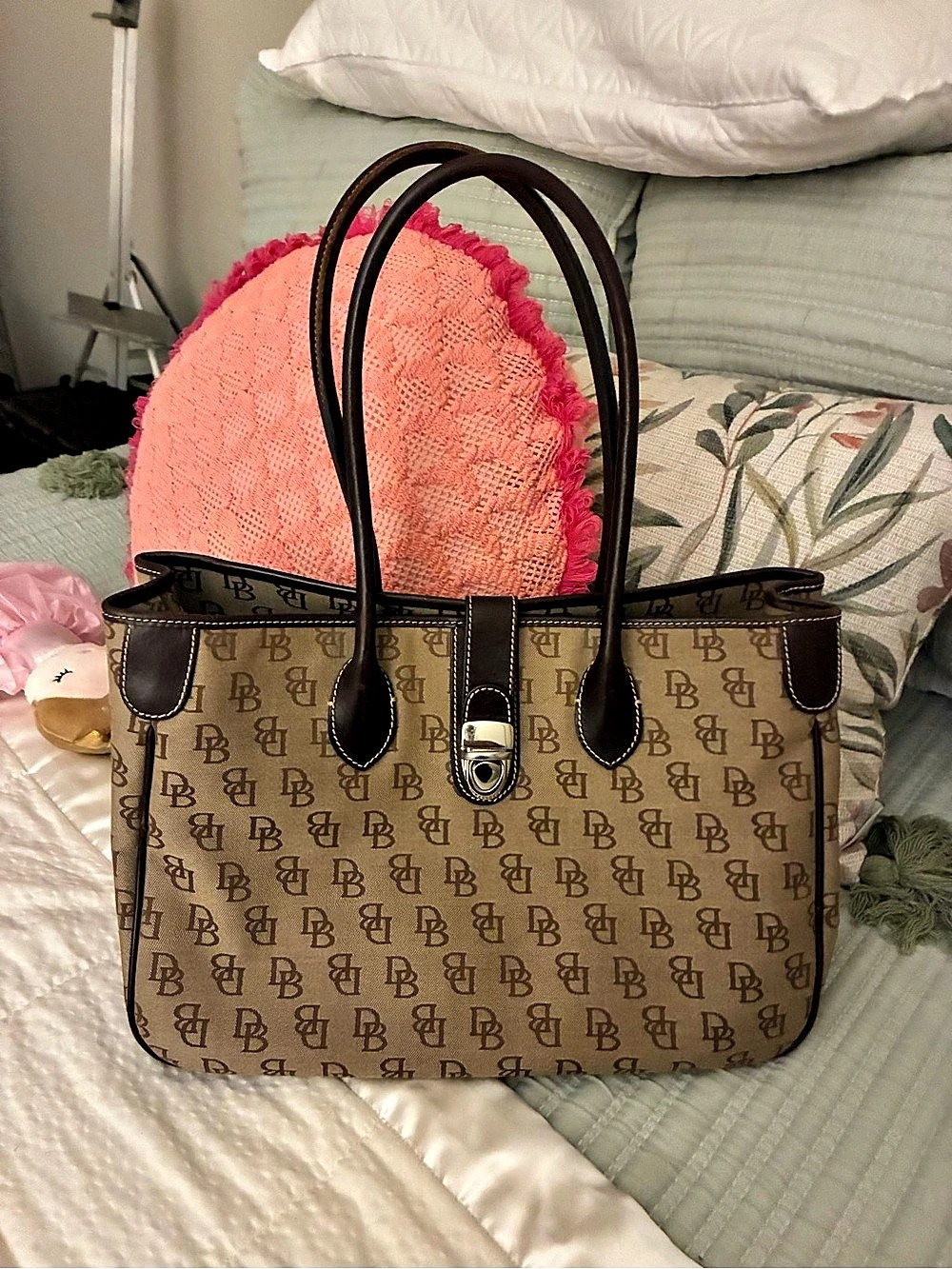 Dooney & Bourke Signature DB Monogram Canvas Turnlock Tote Brown & Tan